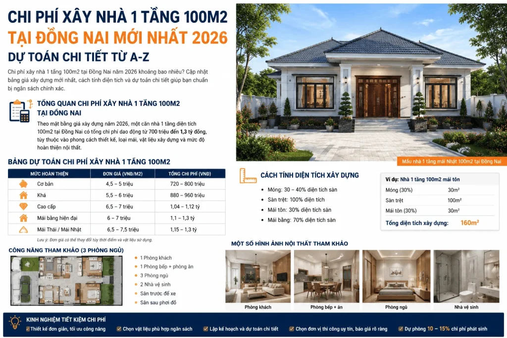 Bảng Dự Toán Chi Phí Xây Nhà 1 Tầng 100m2 Tại Đồng Nai
